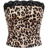 Floerns Women's Cheetah Print Tube Tops Shirt Y2k Lace Strapless Going Out Tank Tops