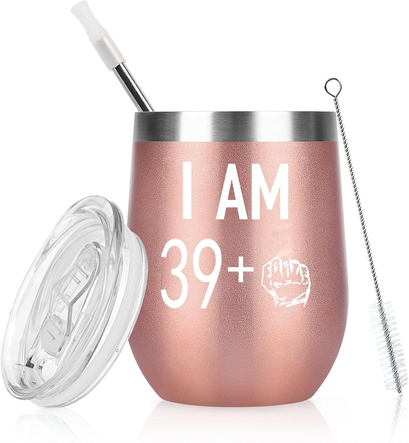 Livole 40th Birthday Gifts for Women, Wine Tumbler 39+1 Pattern, Stainless Steel Double Walled Vacuum Insulated Stemless Wine Glass with Lid and Straw, Gifts for her, Mom, Wife, 12 OZ, Rose Gold