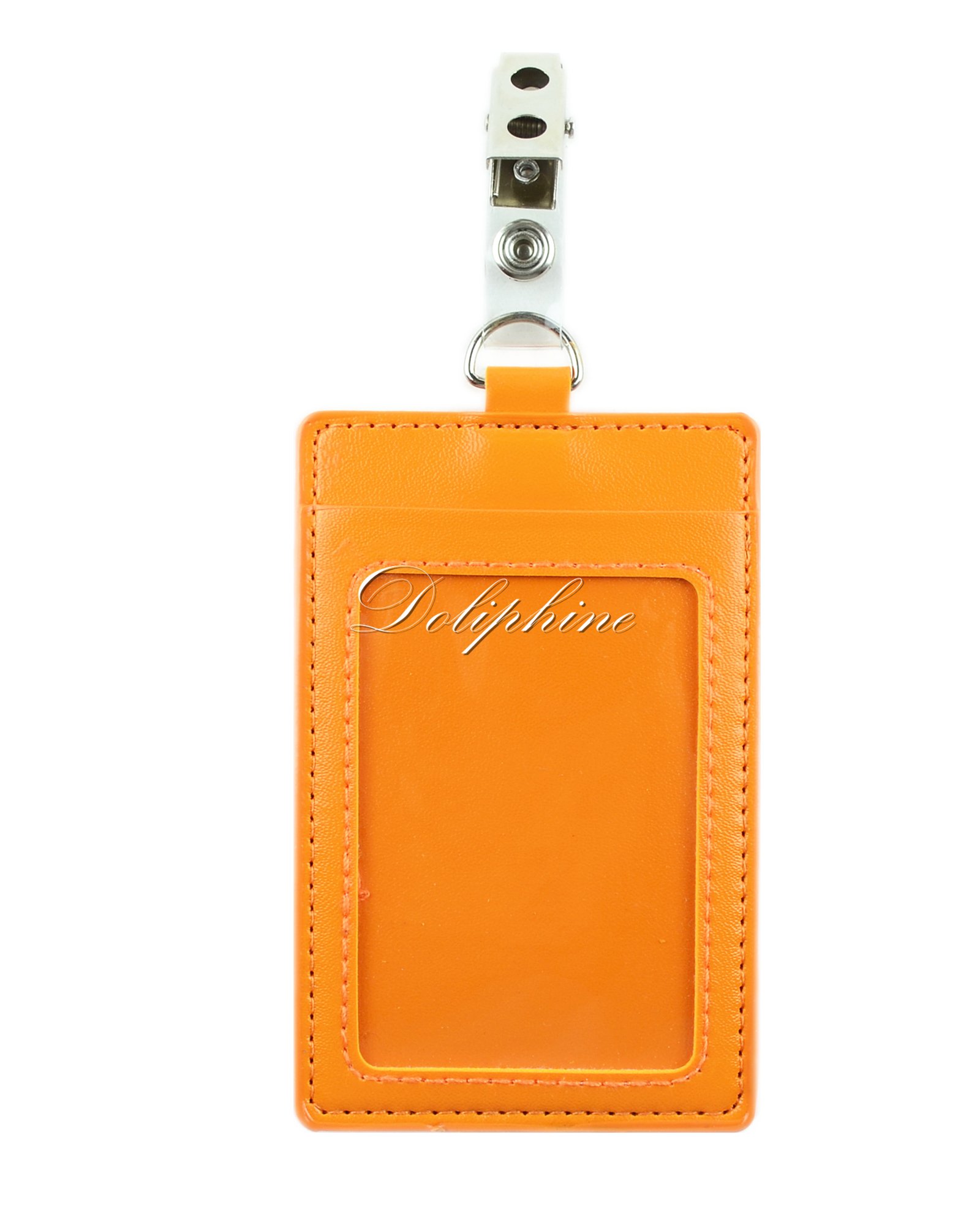 Vertical Deluxe Durable PU Leather ID Badge Holder with 1 ID Window and 1 Card Slot and Alligator Clip (Orange)