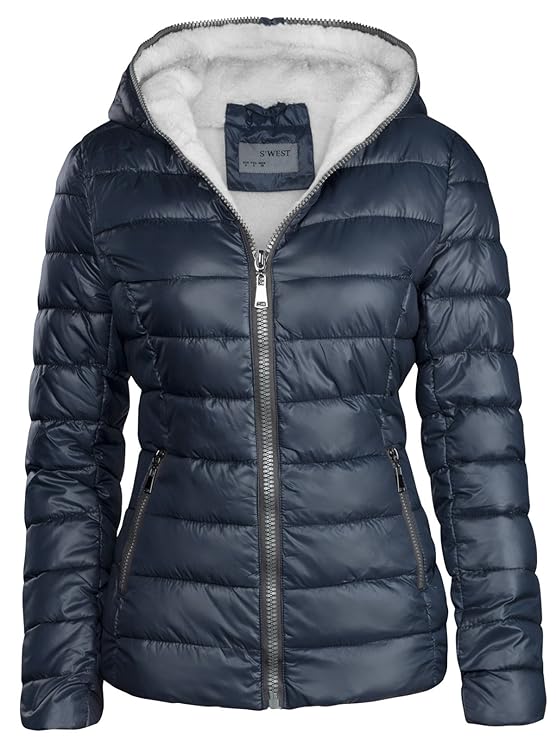 S'West Damen Winterjacke GEFÜTTERT STEPP DAUNEN Optik Kapuze Skijacke WARM