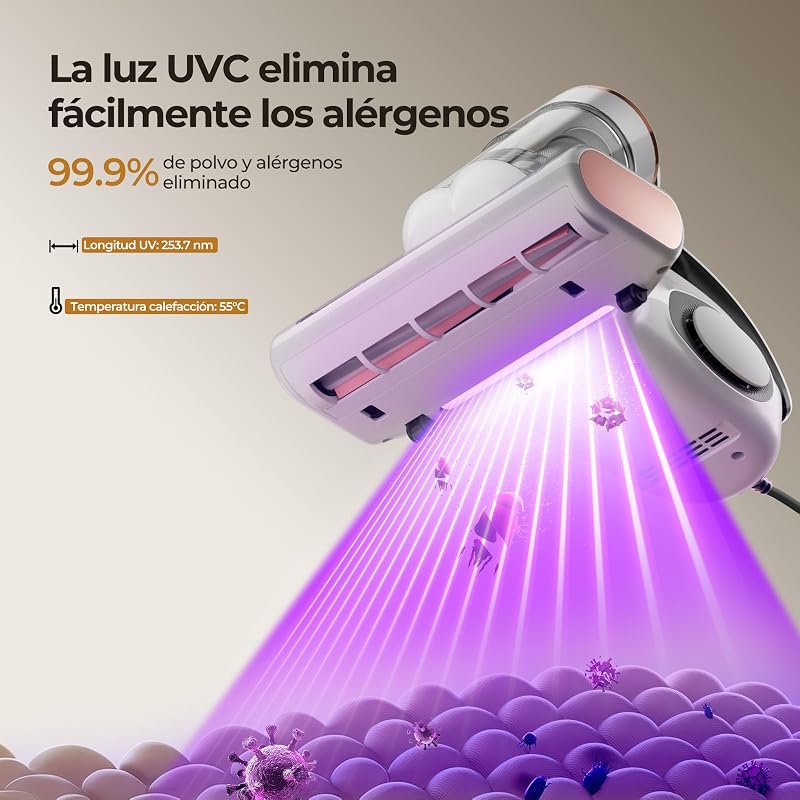J300 Aspirador de Ácaros con Sensor y Pantalla Digital, 500W, Doble Taza, Luz UV, para Alergias, Elimina 99.9% de Alérgenos en Colchones, Camas y Sofás — foto 3 de 8