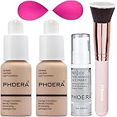 PHOERA Foundation,PHOERA Makeup for Women,PHOERA Matte Liquide Foundation Full Coverage,PHOERA Primer,PHOERA Concealer,Kabuki Makeup Brushes Foundation,2 Makeup Sponge(2PCS #102 Nude)