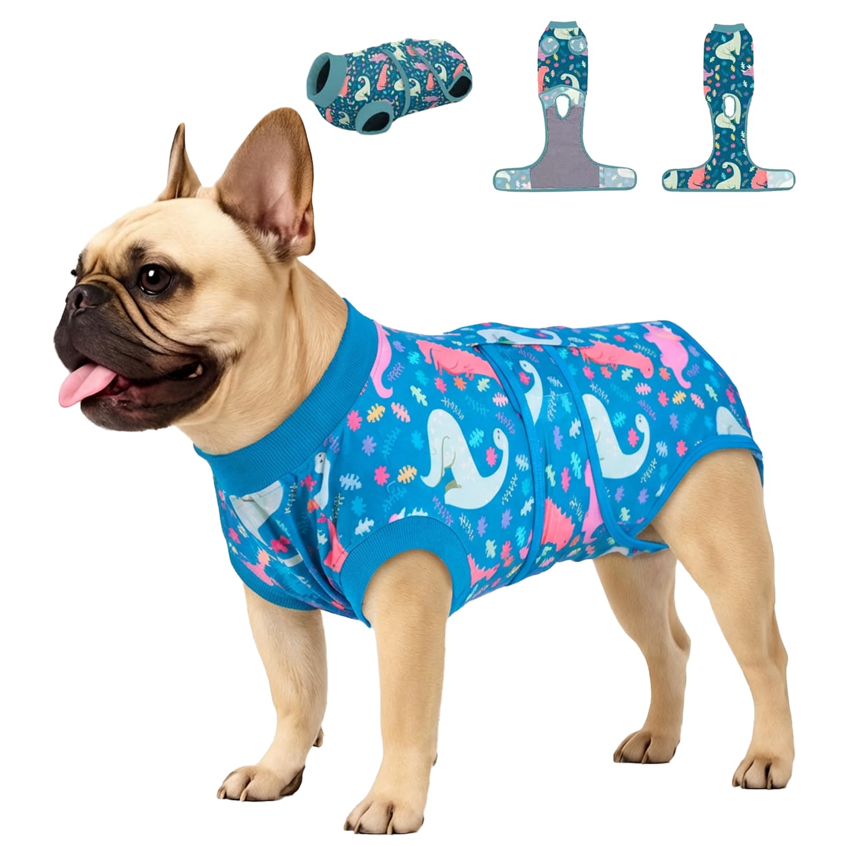 PetWarm Surgical Suit for Male Dogs, Dog Coat's Inner Clothes, Substitute E-Collar and Cone Prevent Licking Recovery Suit, Female Male Dog Onesie for Spay Neuter, Dinosaur Pattern, Multi-Colored, XS — image 1
