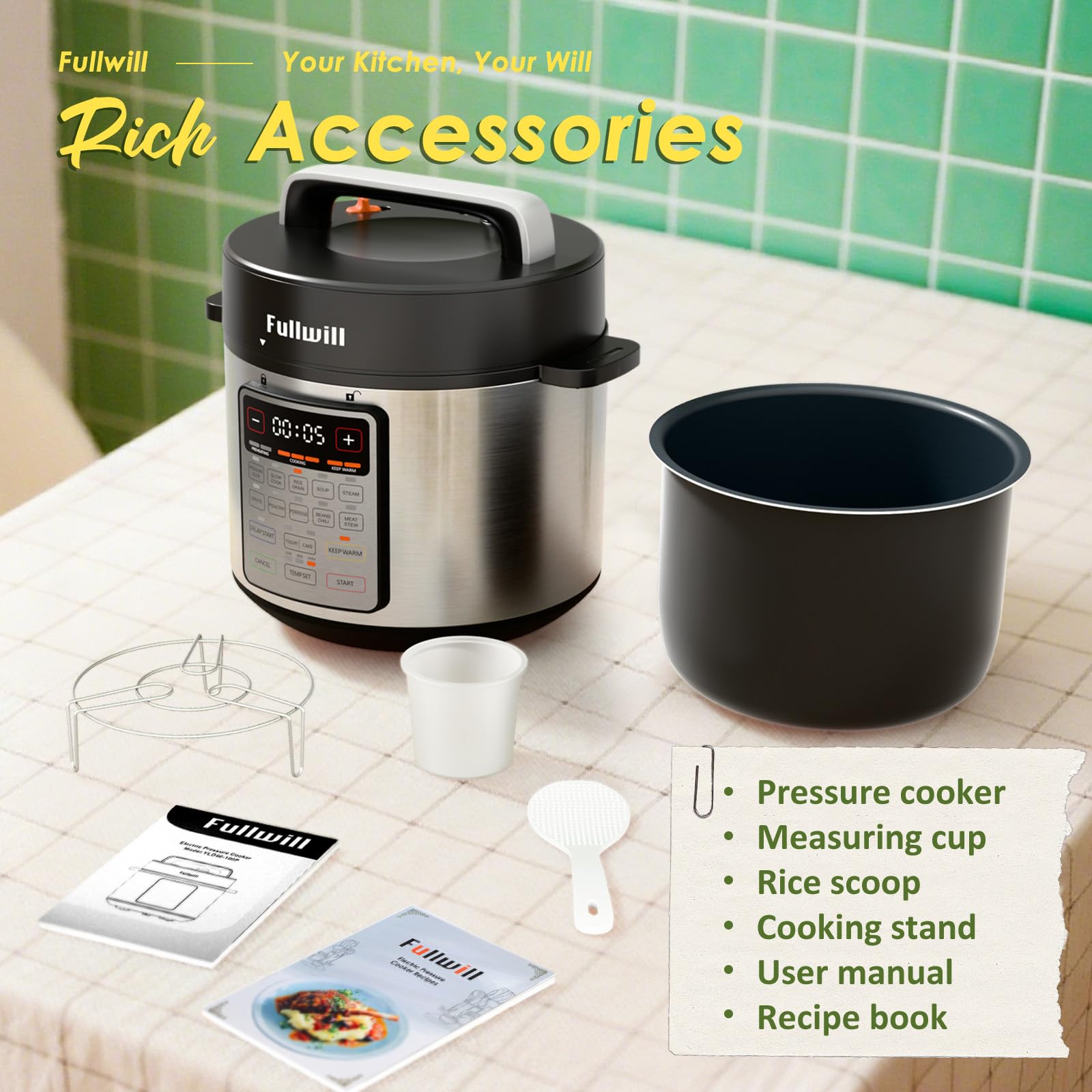 Fullwill 9-in-1 Electric Pressure Cooker(2025 Upgraded), 12 Presets Instant Multi Cooker, Olla de Presion Nonstick Pot 6 Quarts