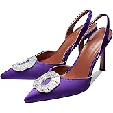 Vertundy Women's Purple Slingback Heels Rhinestone Pumps Pointed Toe Satin Crystal Stiletto High Heeled Sandals Party Wedding Bride Pump Dress Shoes, 9.5