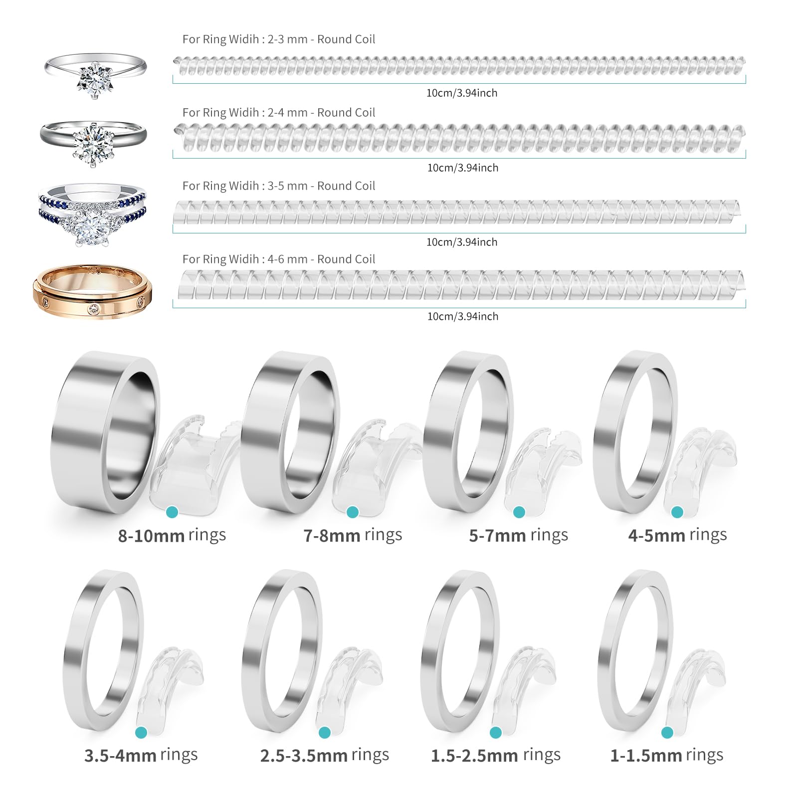 Ring Sizers for Loose Rings - 12Pack, 12 Sizes, Ring Guards for Women& Men Loose Rings, Invisible Resizer Design for Spacers & Tighteners, Fits Bands Width to 1mm-8mm