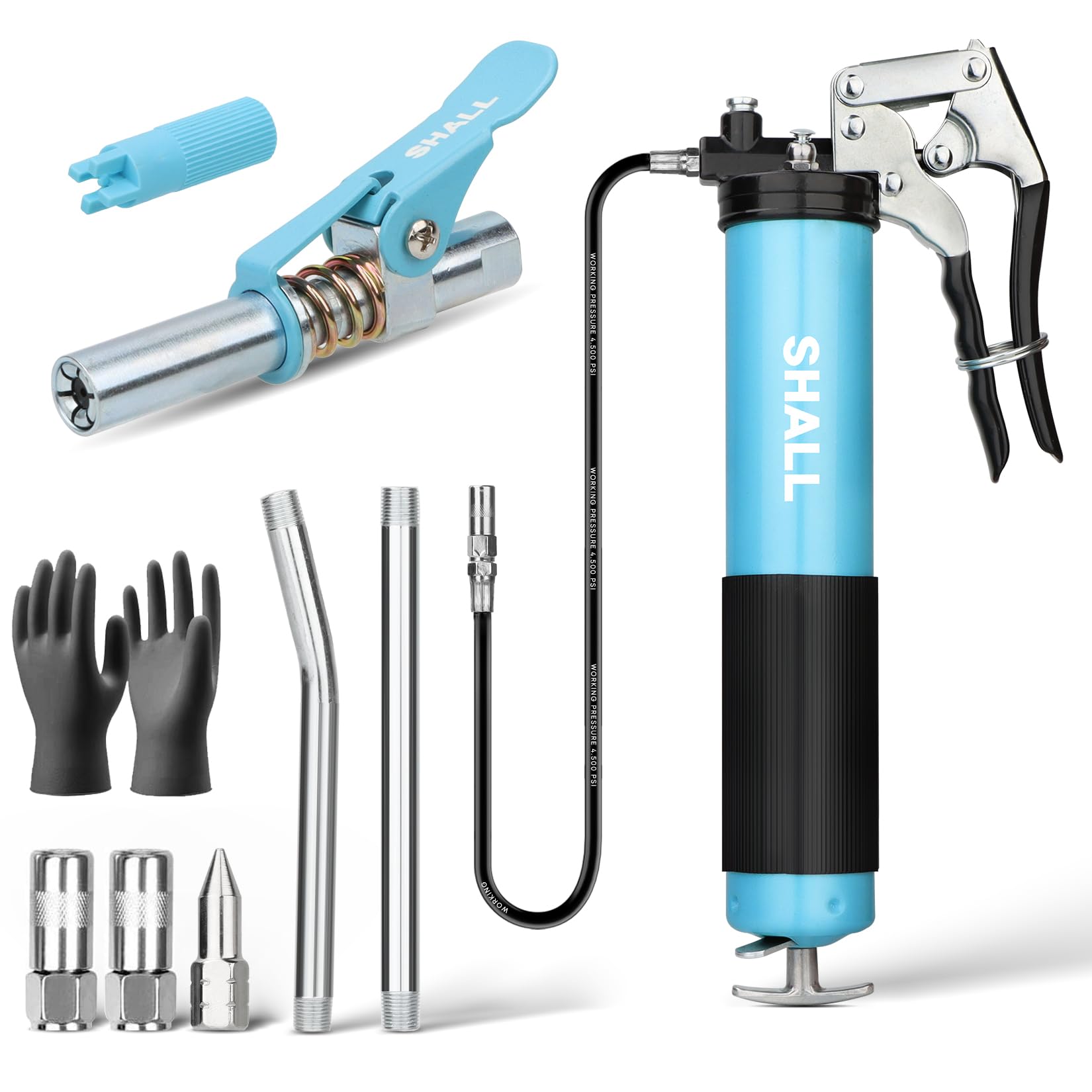 Photo 1 of SHALL Grease Gun, 7000 PSI Heavy Duty Pistol Grip Grease Gun Kit w/Grease Gun Coupler, 18” Spring Flex Hose, Reinforced Coupler, 2 Extension Rigid Pipe, Sharp Nozzle, Fittings Cleaner | 14oz Load