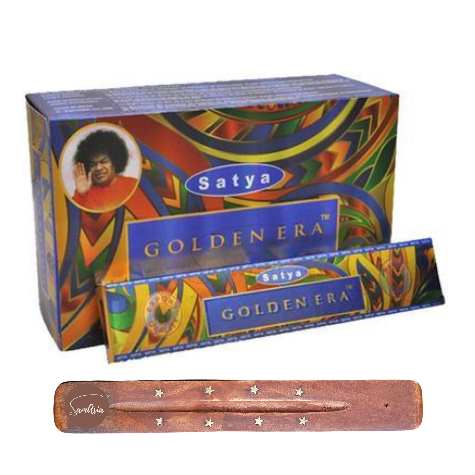 Satya Nag Champa Golden Era Incense Sticks | x12 pack | with SAMASIA incense sticks holder | Used for Goomatherapy, Spa, Yoga, Weddings, Meditation, Healing, Positivity and Relaxation