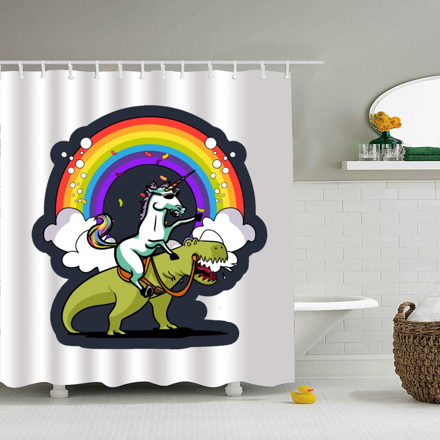 Amazon Com Modern Decor Shower Curtain Unicorn Riding T Rex Fabric Bathroom Decor Set With Hooks Home Kitchen