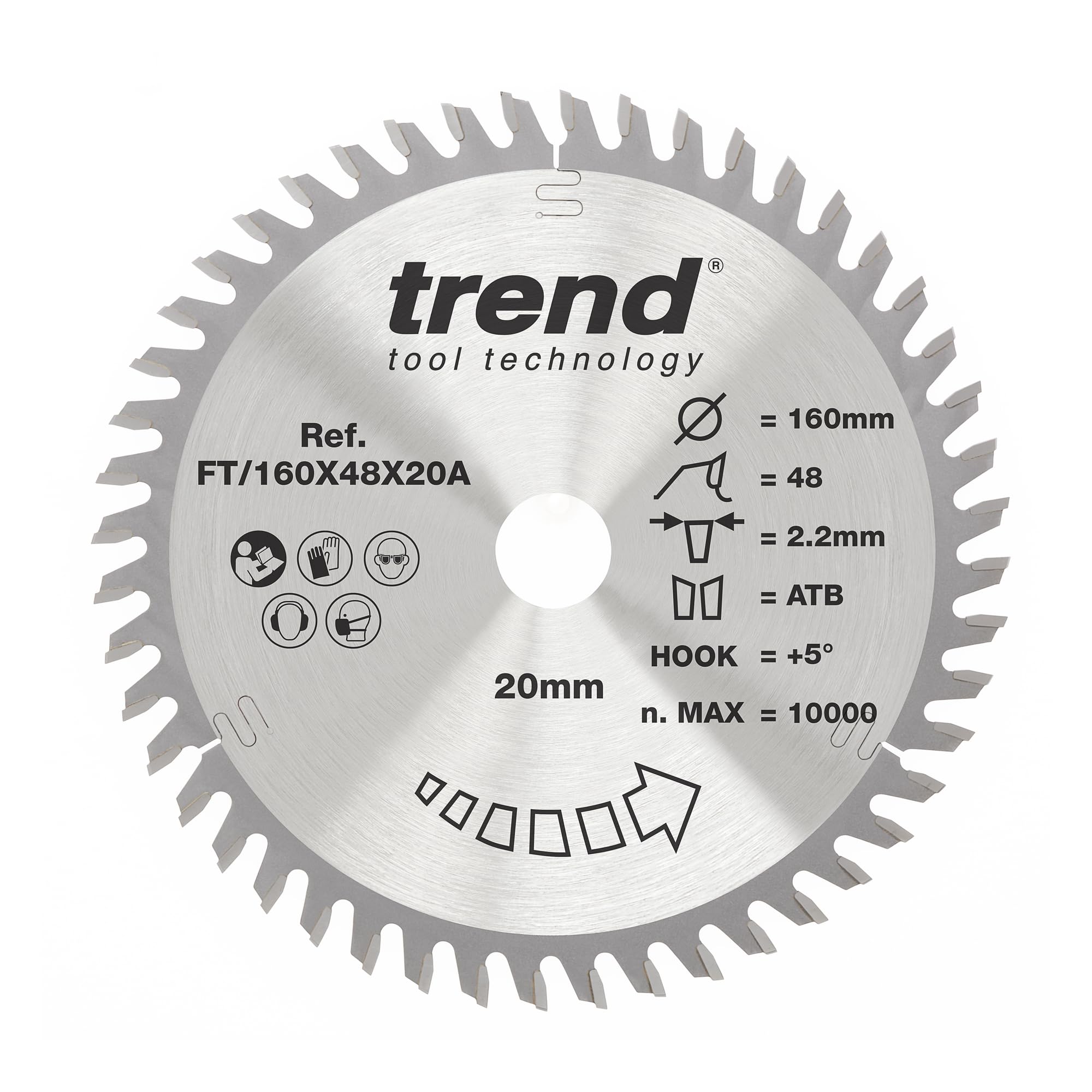 Trend Wood Circular Saw Blade, 160mm Diameter, 20mm Bore, 48 Teeth, 2.2mm Kerf, +5° Hook, TCT, Extra-Fine Finish, FT/160X48X20A