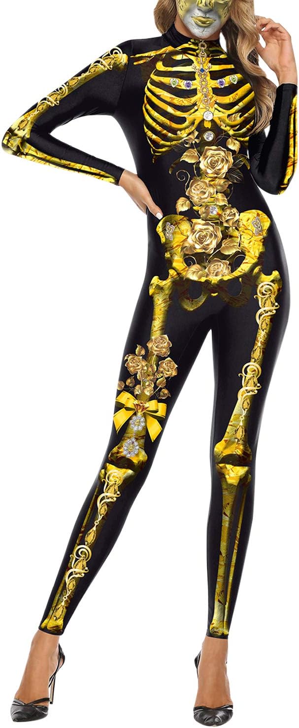 Petalum Halloween Costumes for Women 12D Skeleton Skull Stretch Cosplay Jumpsuit Bodysuit