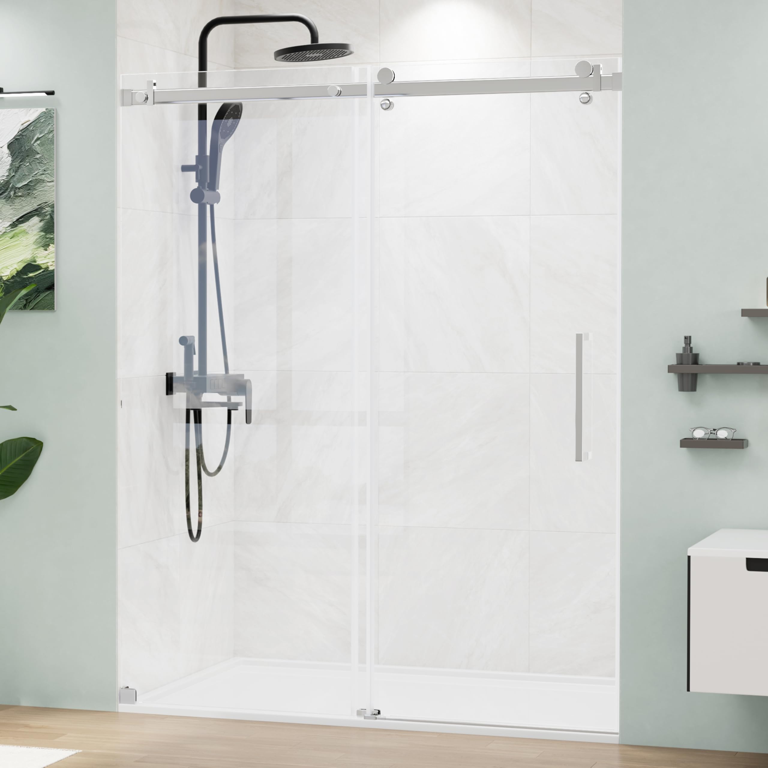 Photo 1 of -FACTORY SEALED- MORDEER 56-60" W x 75" H Glass Shower Door, Frameless Shower Door with Handle and Seal Strips No Leakage, Sliding Shower Door Square Rail Smooth Sliding, Stainless Steel Hardware in Silver