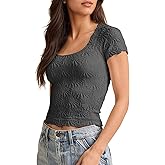 Gacaky Women's Square Neck Tank Tops Short Sleeve Seamless Floral Tee Going Out Tops Slim Fit Lettuce Trim Crop Cami Tops
