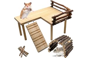 Niwaes Wooden Hamster Platform with Fence, Large Syrian Hamsters Standing Platforms with Legs Wood Syrian Hamsters Playing Toy Standing Table Gerbil Cage Accessories