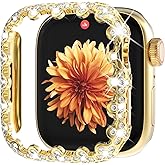 Wingle Bling Case Bumper for Apple Watch Series 11 10 42mm Case Cover, 4 Leaf Clover Lace Edge Diamond Crystal Rhinestone Protective Face Cover Hard PC Frame Protector iWatch 11 10 Cases 42 mm, Gold