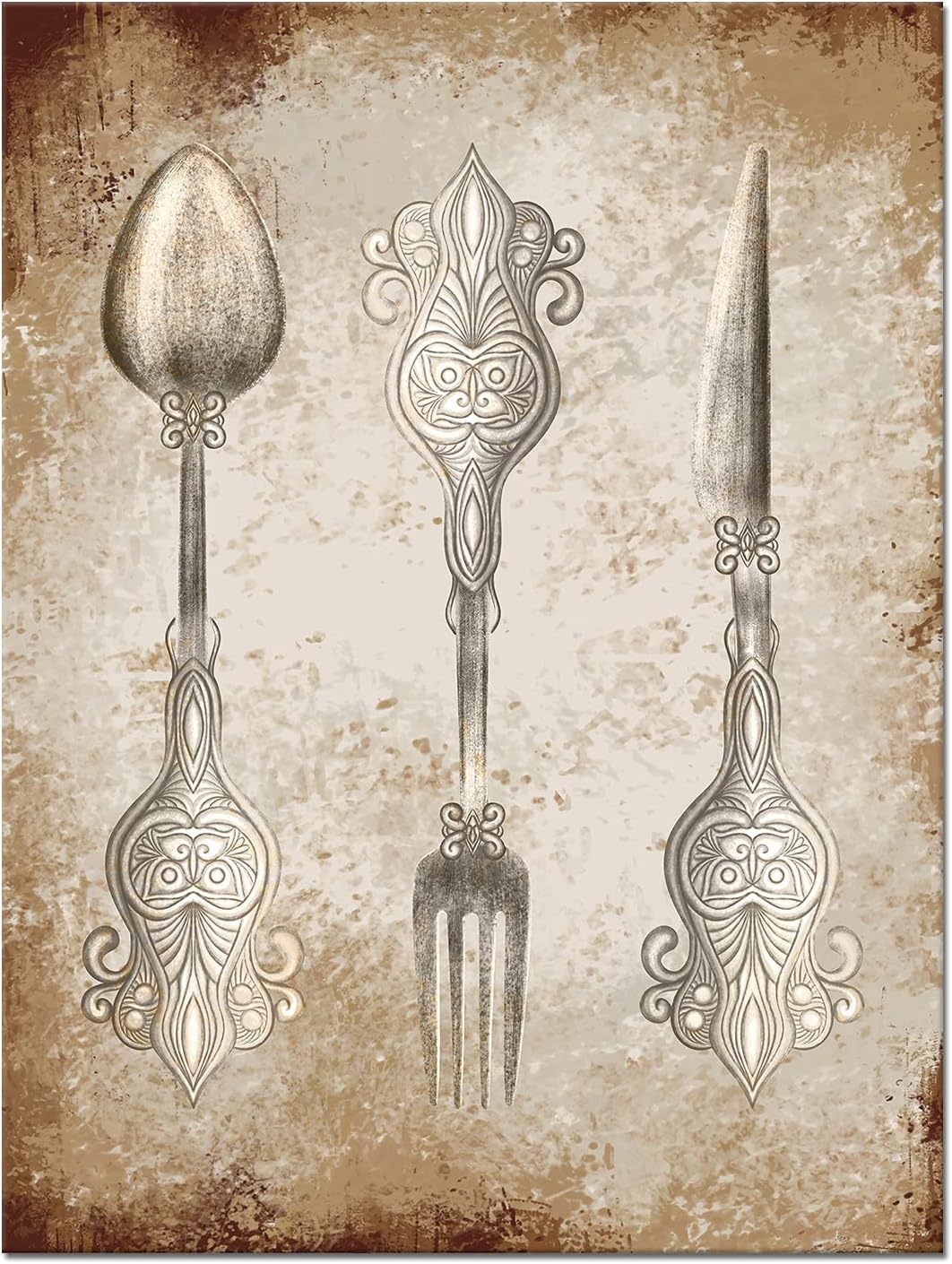 OuElegent Fork Knife Spoon Wall Art Modern Kitchen Pictures Wall Decor Vintage Silver Tableware Pattern Painting for Dining Room Restaurant Bar Decoration Framed Ready to Hang
