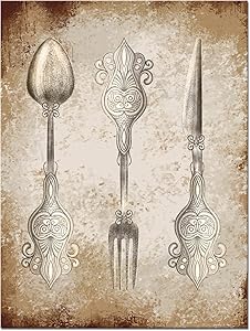 OuElegent Fork Knife Spoon Wall Art Modern Kitchen Pictures Wall Decor Vintage Silver Tableware Pattern Painting for Dining Room Restaurant Bar Decoration Framed Ready to Hang