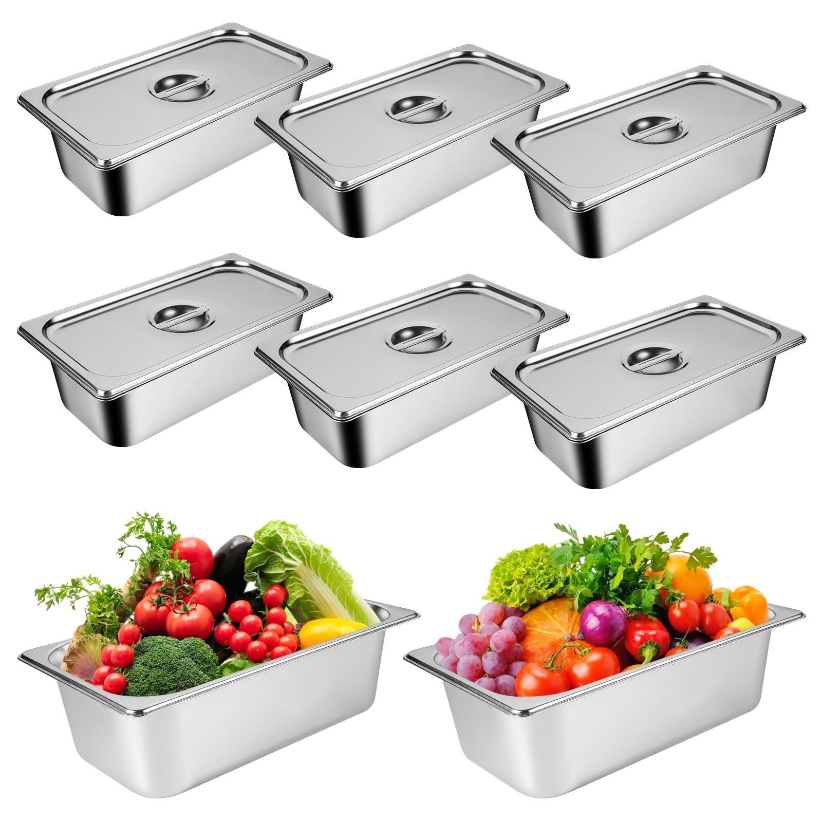 Photo 1 of 8 Packs Stainless Steel Hotel Pans with Lids 1/4 Size x 6" Deep Steam Table Pan Commercial Food Storage Containers Stackable Metal Steamer Pan Anti-Jam Hotel Restaurant Warm Pans