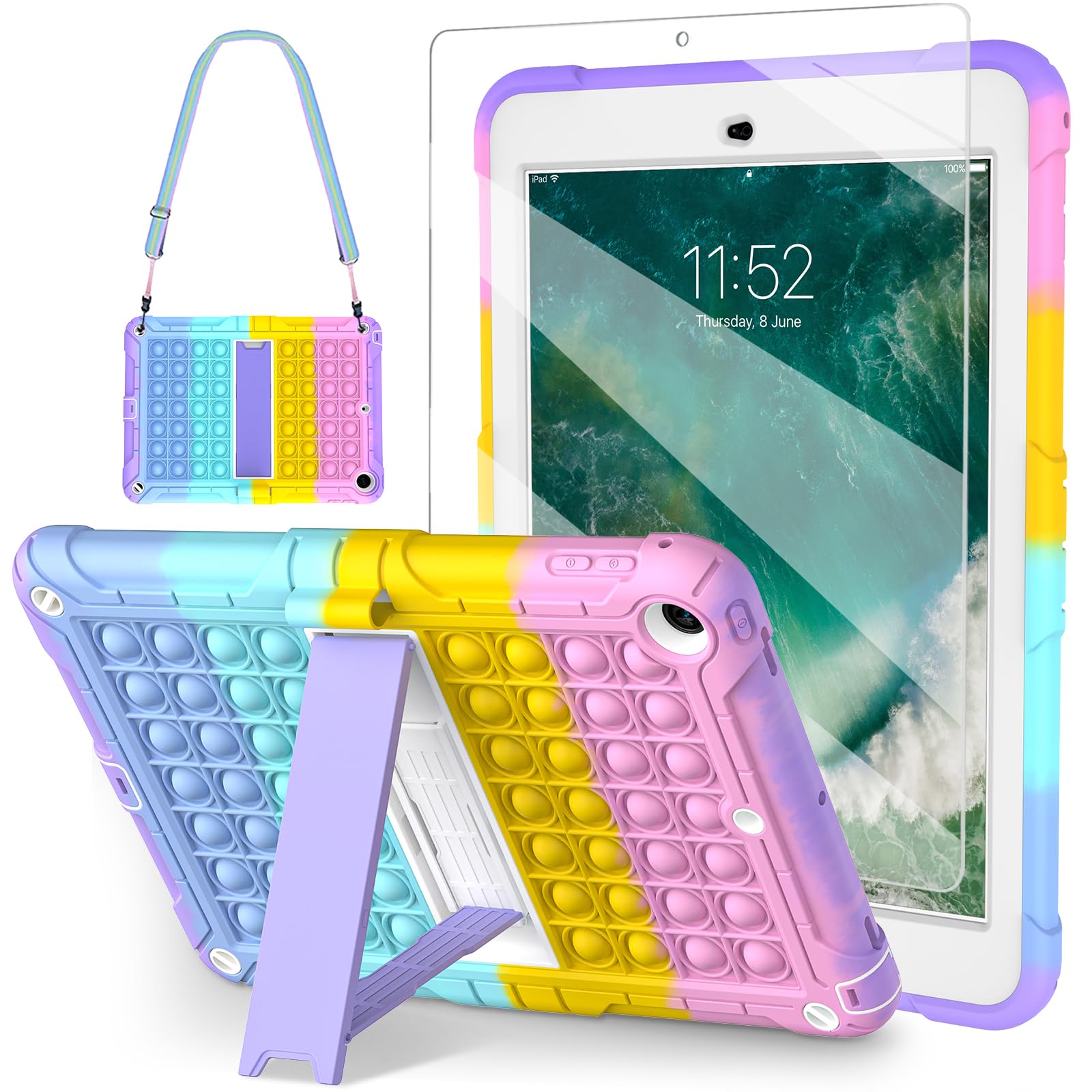Photo 1 of TSQQST iPad 5th/6th Generation Case Pink Purple for Kids Girls with Glass Screen Protector 2017 2018 | iPad Air 2 Case w/Stand+Strap+Pencil Holder | Shockprooof Case for iPad Pro 9.7 Inch | Colorful