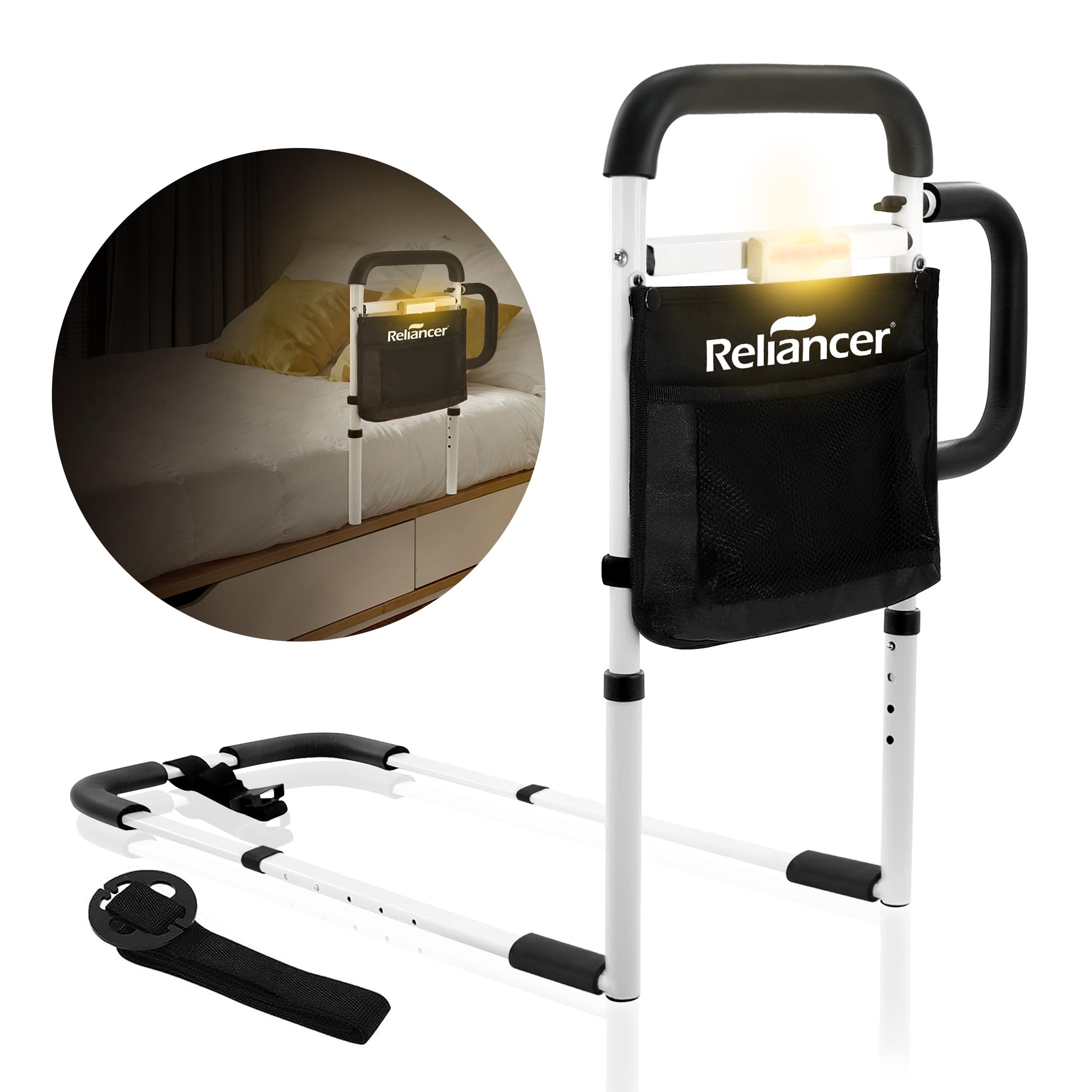 RELIANCER Bed Safety Rail for Elderly Adults w/Motion Light & Storage Pocket,Dual Handle Grab Assist Bar for Seniors,Adjustable Bed Support Side Railings Fit Any Bed,Bedside Assist Guardrail,Bed Cane
