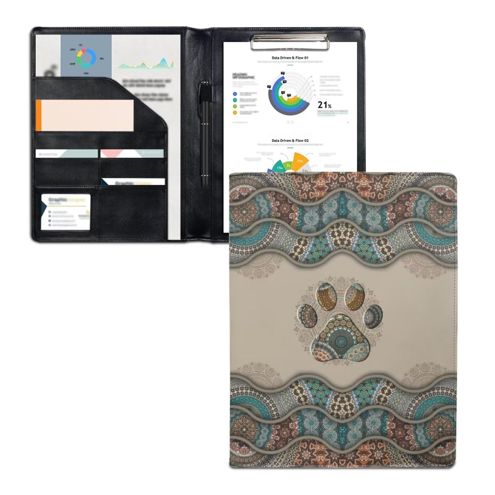 COEQINE Boho Padfolio for Men,Beige Dog Paw Print Business Pad Holders with Business Card Holder Pocket and Id Window for Male,Leather Soft Cover