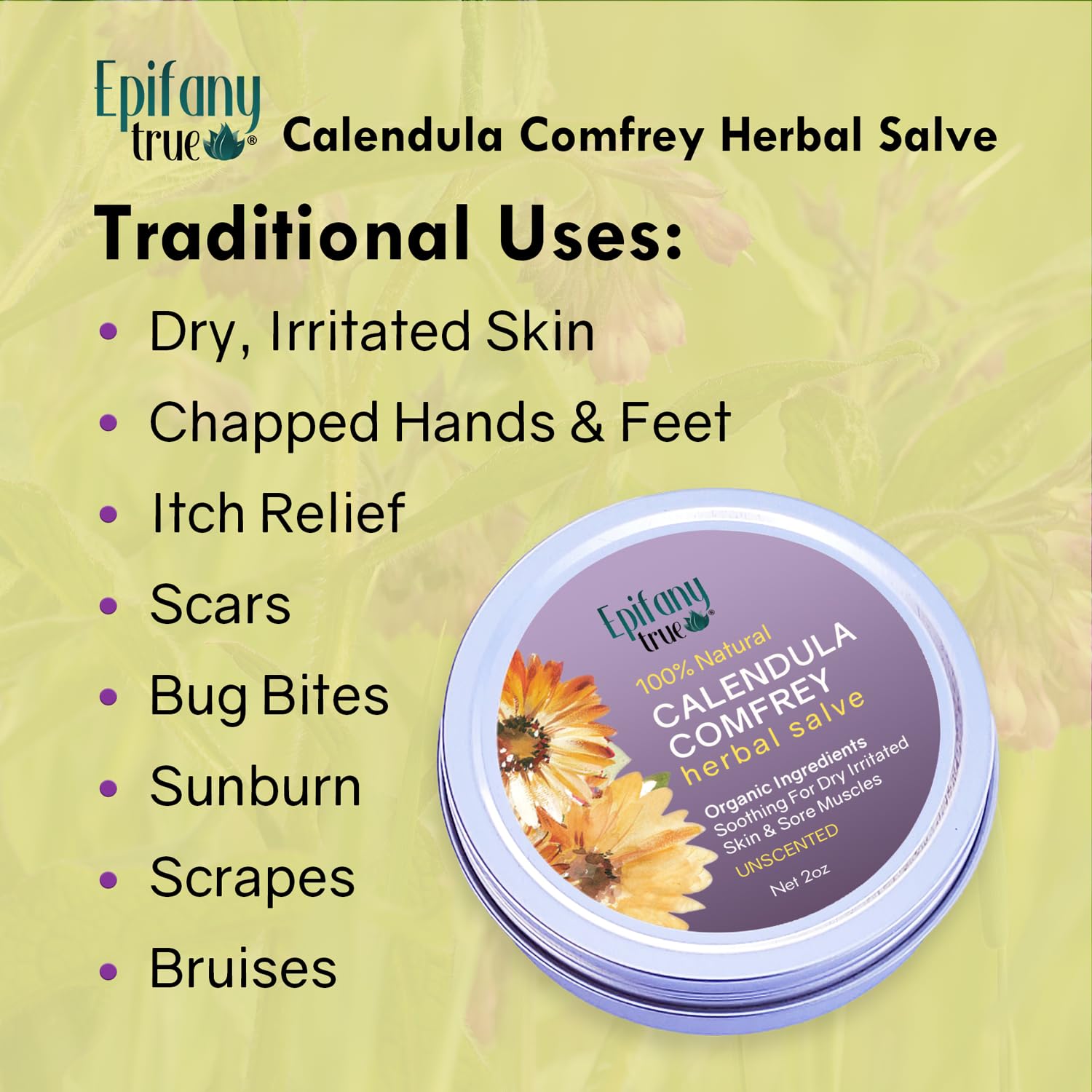 All-Purpose Calendula & Comfrey Herbal Salve 2oz, Fragrance Free, Natural Herbal Ointment, Dry Skin Soothing Balm, Itch Relief, Organic Ingredients