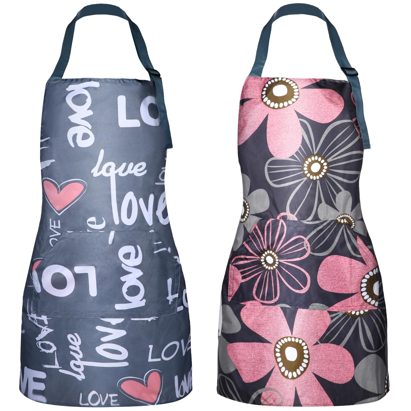 Cobee 2 Pcs Aprons For Women with Pockets, Waterproof Apron Adjustable Kitchen Aprons Baking Aprons, Cooking Garden Apron for Gardening Baking Crafts Unisex(Love)