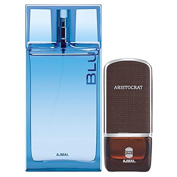 Ajmal Blu EDP Aquatic Woody Perfume 90ml for Men and Aristocrat EDP Citrus Woody Perfume 75ml for Men + 2 Parfum Testers FREE