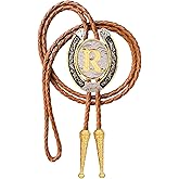 HLYMPONY Bolo tie for Men Western Cowboy Brown Leather Necktie Gold Initial Letter ABCDJMR to Z Bolo ties for Women