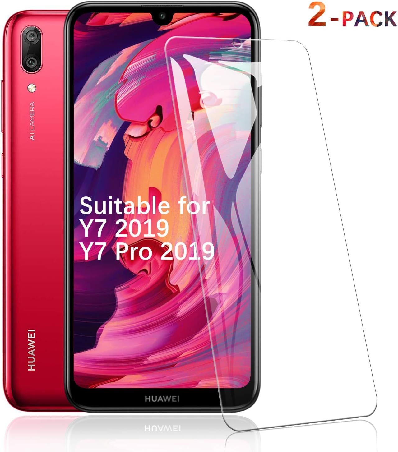 SCL Huawei Y7 Pro 2019 Screen Protector, 9H Tempered Glass Screen Protector for Huawei Y7 Pro 2019 (2-Pack), 2.5D Rounded Edge Glass Film, Anti-Scratch, Anti-Fingerprint, Case Friendly
