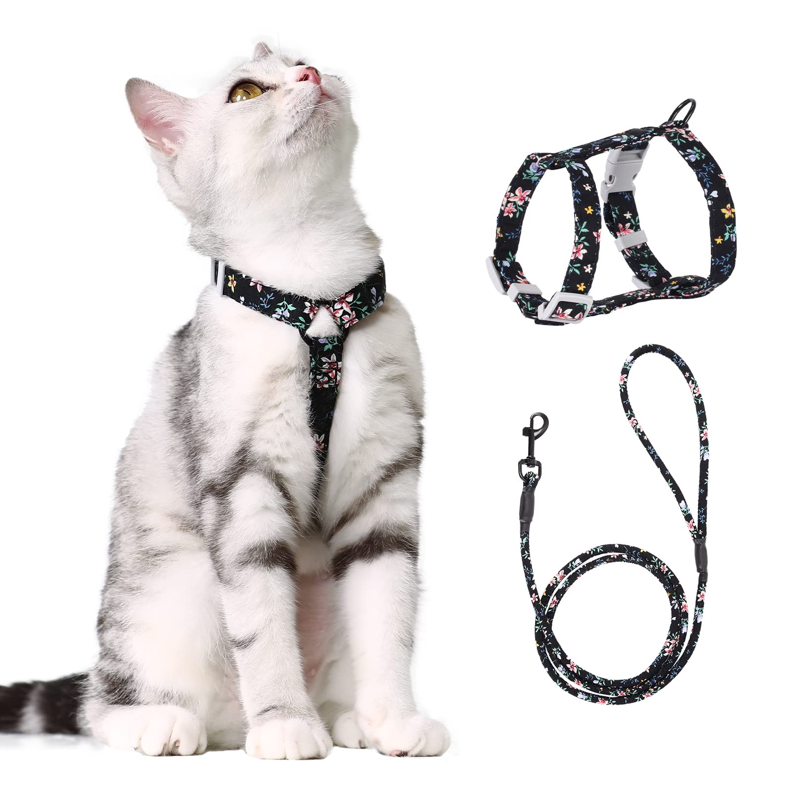 PETTOM Floral Pattern Cat Harness with Lead, Cat Lead with Harness for Cats with Round Lanyard, Escape Proof, Adjustable Chest Strap, Suitable for Small and Medium Cats