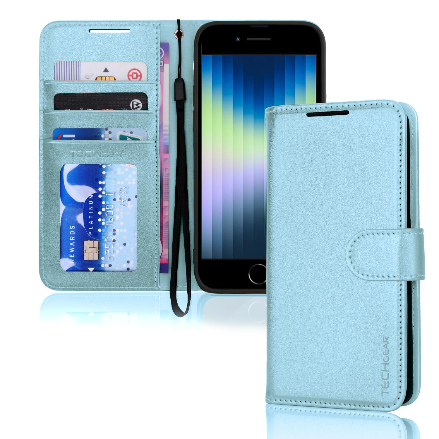 TECHGEAR iPhone SE 2022 5G /2020, iPhone 8/7/6 Leather Wallet Case, Flip Case Cover, Card Holder, Stand, Wrist Strap,Soft Blue PU Leather, Magnetic Closure for iPhone SE 3 / SE 2 /iPhone 8 7 6 6s 4.7"
