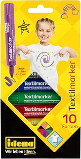 Idena 60035 - Textilmarker für helle Stoffe, 10 Textilstifte in leuchtenden Farben, Ideal für T-Shirts, Stoffbeutel, für verschiedene Materialien