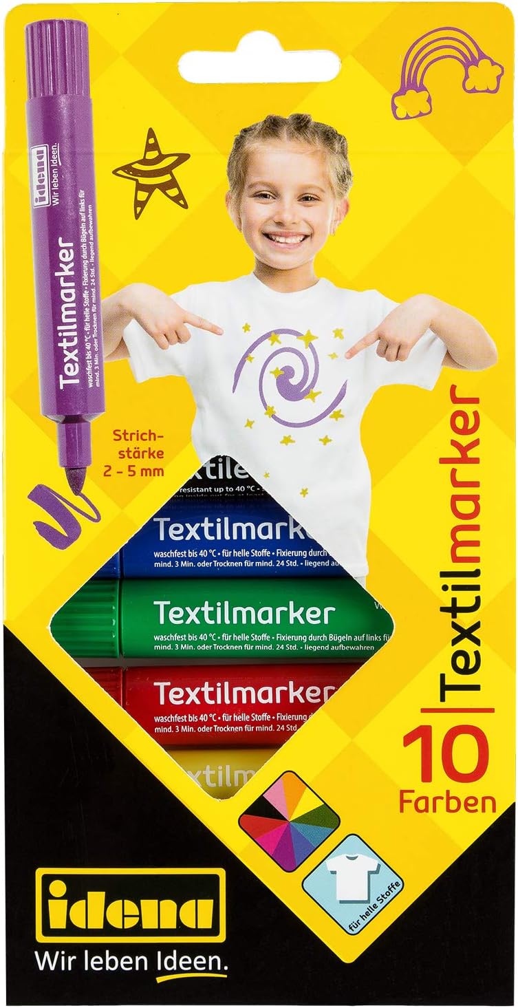 Idena 60035 - Textilmarker für helle Stoffe, 10 Textilstifte in leuchtenden Farben, Ideal für T-Shirts, Stoffbeutel, für verschiedene Materialien