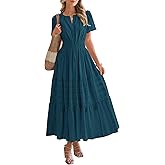 BTFBM Womens Summer 2026 Casual Midi Maxi Dresses Lightweight Short Sleeve V Neck Elastic Waist Boho Beach Dress Pockets