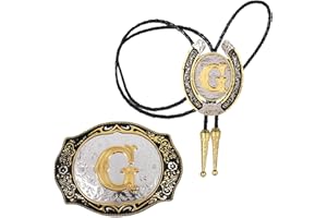 HUABOLA CALYN 2 Pieces Belt Buckle Bolo tie Set Golden Initial Letter ABCDMJR to Y Western Cowboy Costume for Men