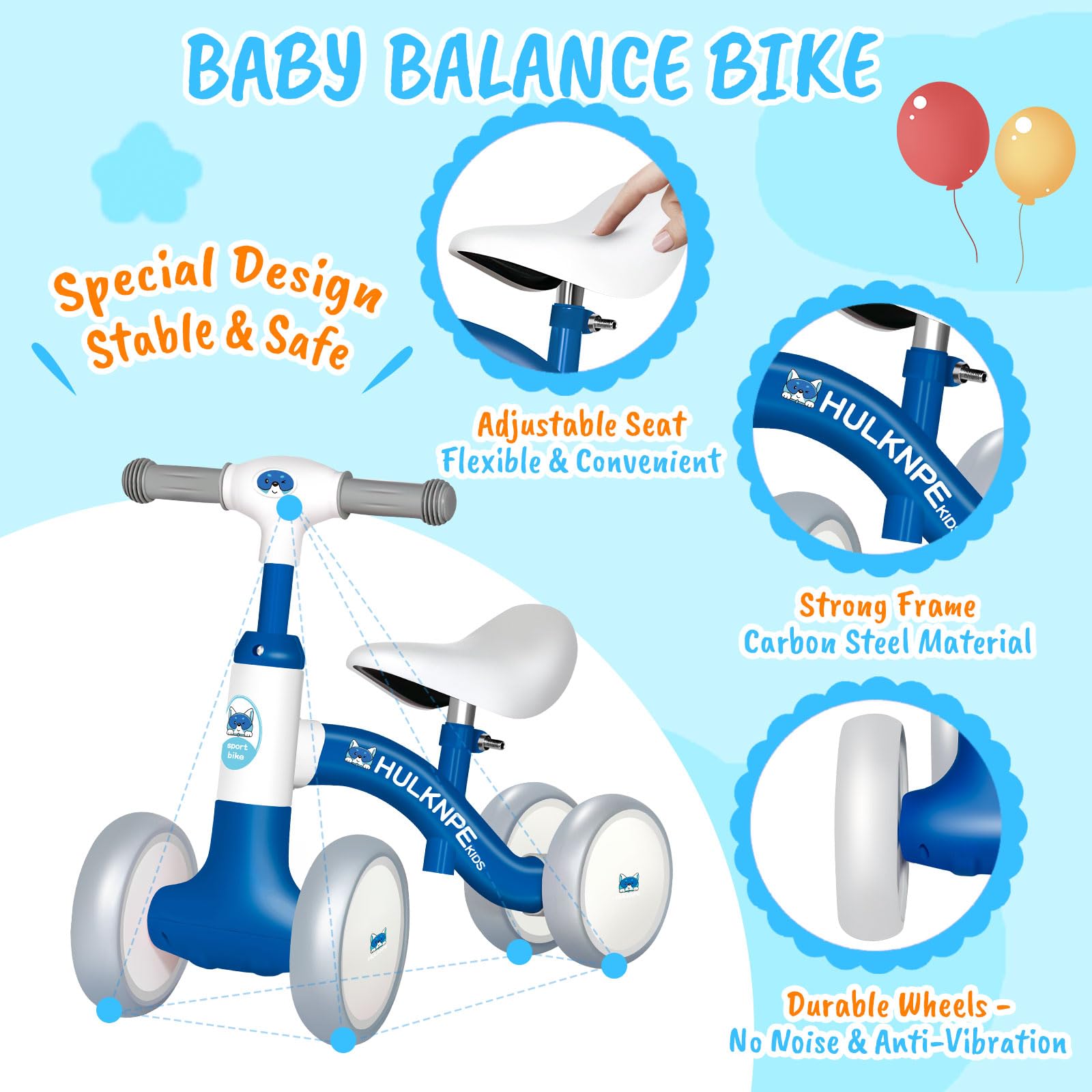 HULKNPE Baby Balance Bike for 1 Year Old Boys Girls, 12-24 Month Toddler Balance Bike with 4 Wheels, Adjustable Seat & Handlebar, First Birthday Gifts