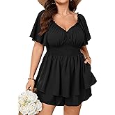 SCOMCHIC Women Plus Size Rompers Dressy Summer Romper Dress Short Sleeve Casual Ruffle Smocked Cute Short Jumpsuits