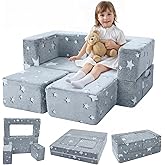 MeMoreCool Glow in Dark Star Kids Couch, Fold Out Foam Play Sofa, Grey | Glow in dark star kids couch, grey foam sofa folds out for playroom fort building play