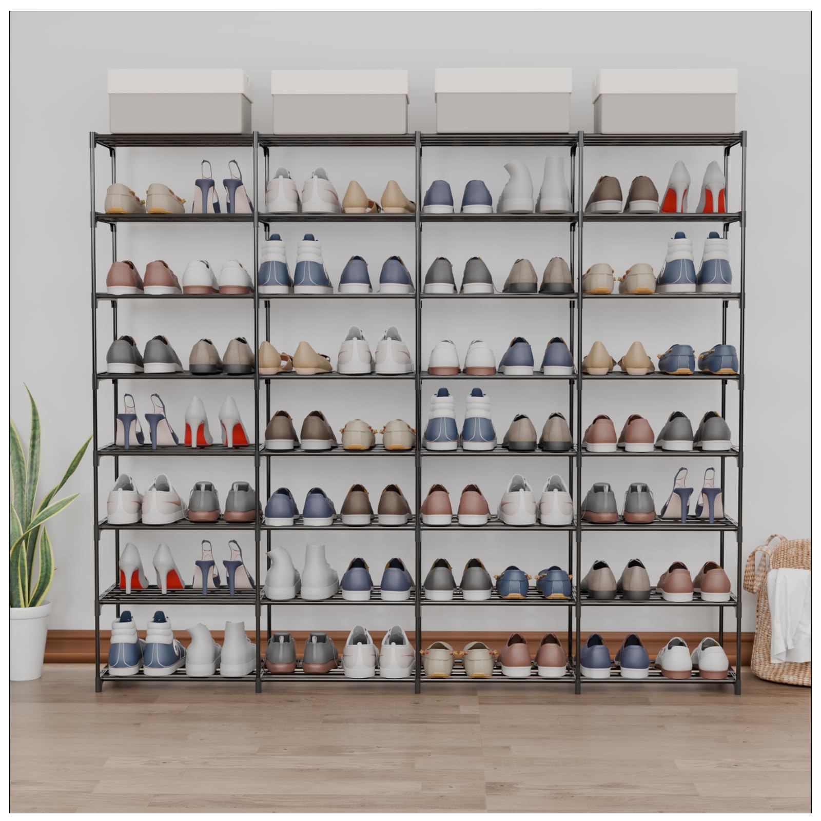 Photo 1 of SMILHELTD Large Shoe Rack 4 Rows 8 Tier 56-64 Pairs Big Shoes Storage Organizer Garage Entryway Hallway Front Doorway Shoe Shelves Space Saving for Whole Family (66.1" W x 49.2" H x 10.8" D)