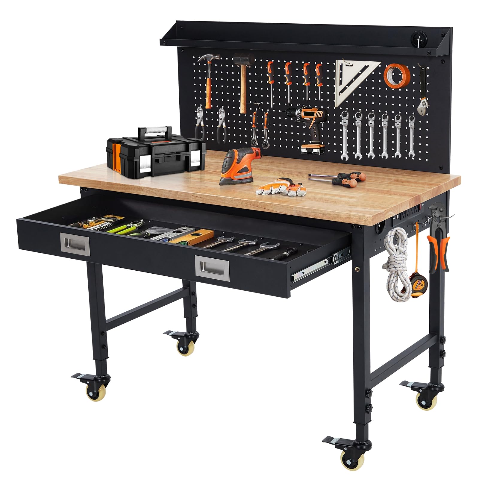 Photo 1 of ACONEE 48" Workbench Heavy Duty, Adjustable Height Workstation with Drawer Storage, Backplate, 2000 LB Load Capacity, Multipurpose Rubber Wood Shop Table with Power Outlets, Hooks, Garage Storage