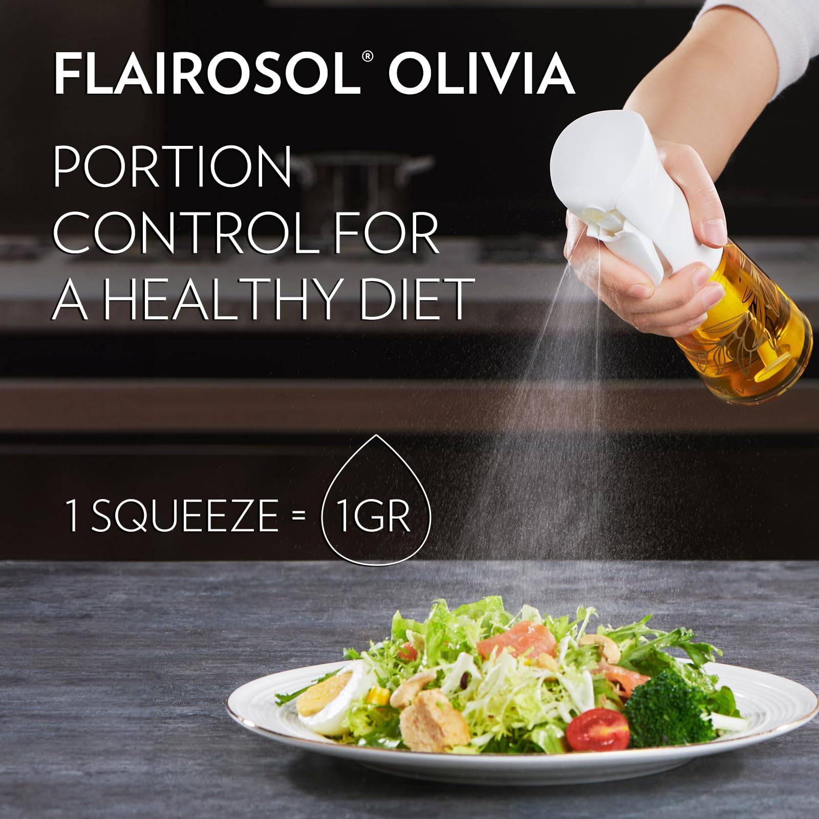 FLAIROSOL OLIVIA Oil Sprayer for Cooking, 200ml Glass Olive Oil Sprayer, Continuous Cooking Spray Bottle with Portion Control, Olive Oil Dispenser for Kitchen, Air Fryer, Salad, BBQ (Golden Leaves)