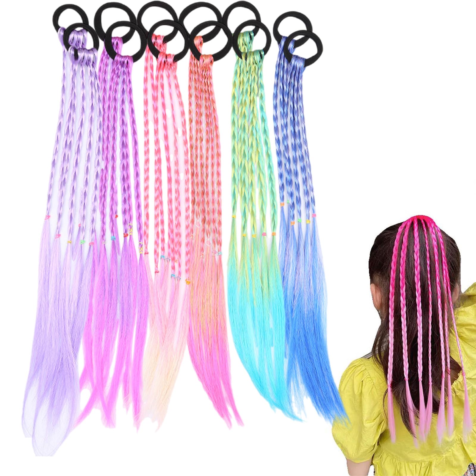 Bettinay 12PCS Kids Coloured Hair Extensions, Festival Accessories for Girls Hair Braids Decoration Party Children Show