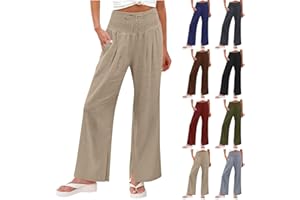 Womens Casual Wide Leg Pants High Waisted Linen Dress Pants Palazzo Lounge Trousers Summer Work Trousers with Pockets