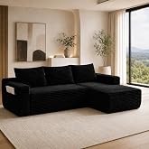Boneless Couch, 96" Modular L-Shaped Cloud Sectional Sofa, Black | Soft corduroy, storage pocket, secure connectors, deep seating, no assembly, ideal for apartments and living rooms