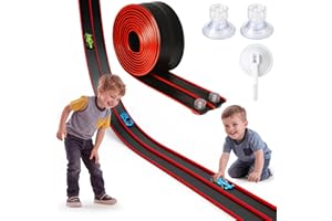 JOYFRESH Flex Track 15 Ft Portable Flexible Race Car Track with Strong Suction Cups – Compatible with 1/64 Diecast Cars–Easy Storage, Indoor & Outdoor Play Flexible Car Tracks for Kids（Red-Black）