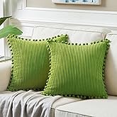 Fancy Homi Pack of 2 Lime Green Decorative Throw Pillow Covers with Pom-poms, Soft Corduroy Solid Square Cushion Cases Set for Couch Sofa Bedroom Car Living Room (18x18 Inch/45x45 cm, Lime Green)
