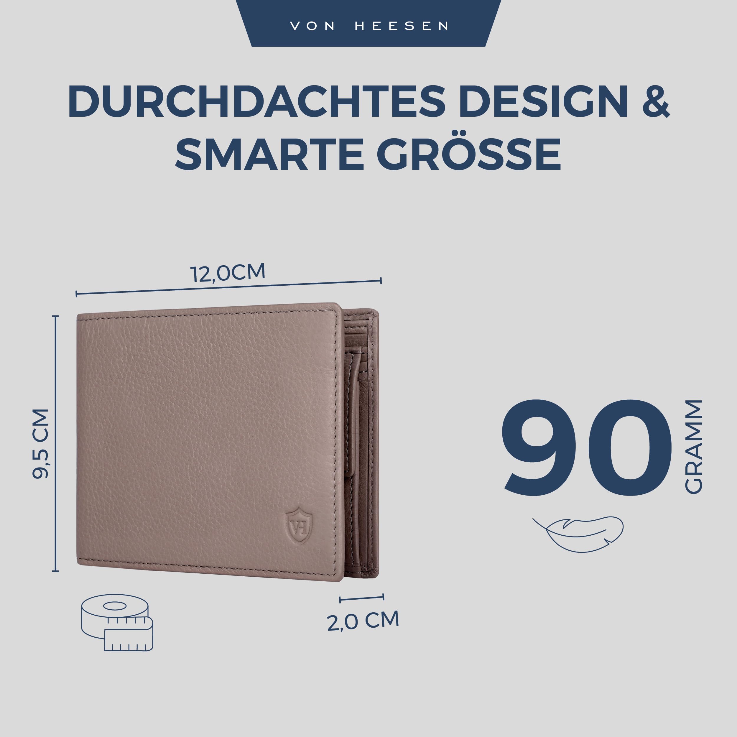 VON HEESEN Leder Geldbörse RFID Schutz I Echtleder Geldbeutel für Damen & Herren I Portemonnaie Brieftasche Wallet Portmonee (Taupe) 5