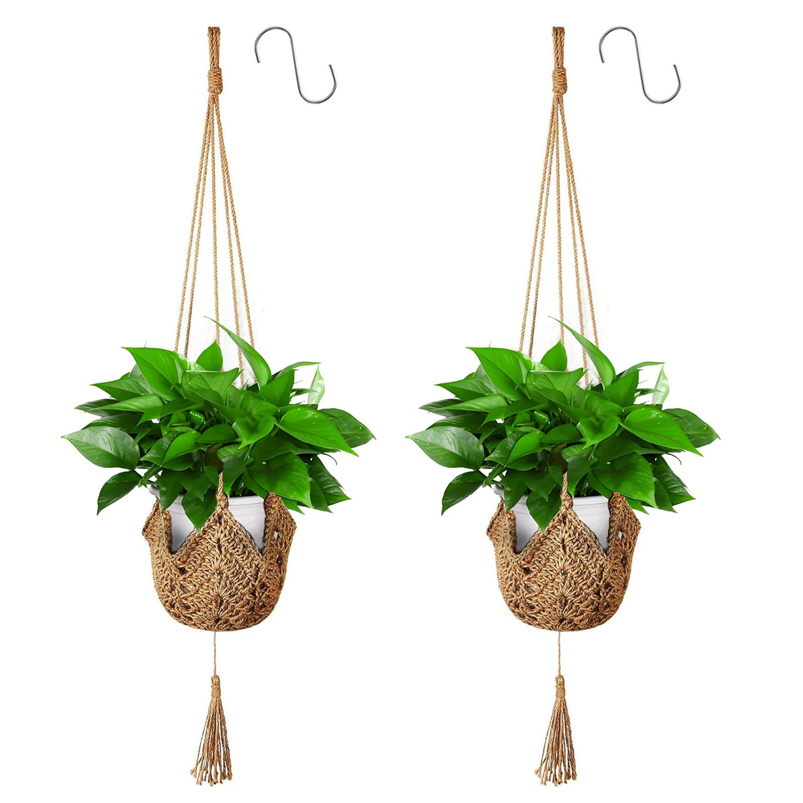 Apstaqeoo 2Pcs Jute Rope Macrame Plant Hangers, Flower Pot Holder with 2 Hanging Hooks, Wall Hanging Indoor Outdoor for Balcony Garden Home Decor (101cm)