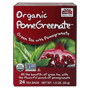 NOW Foods, Certified Organic PomeGreenate Tea, Green Tea Benefits with Pomegranate Flavor, Non-GMO, Premium Unbleached Tea Bags with No-Staples Design, 24-Count